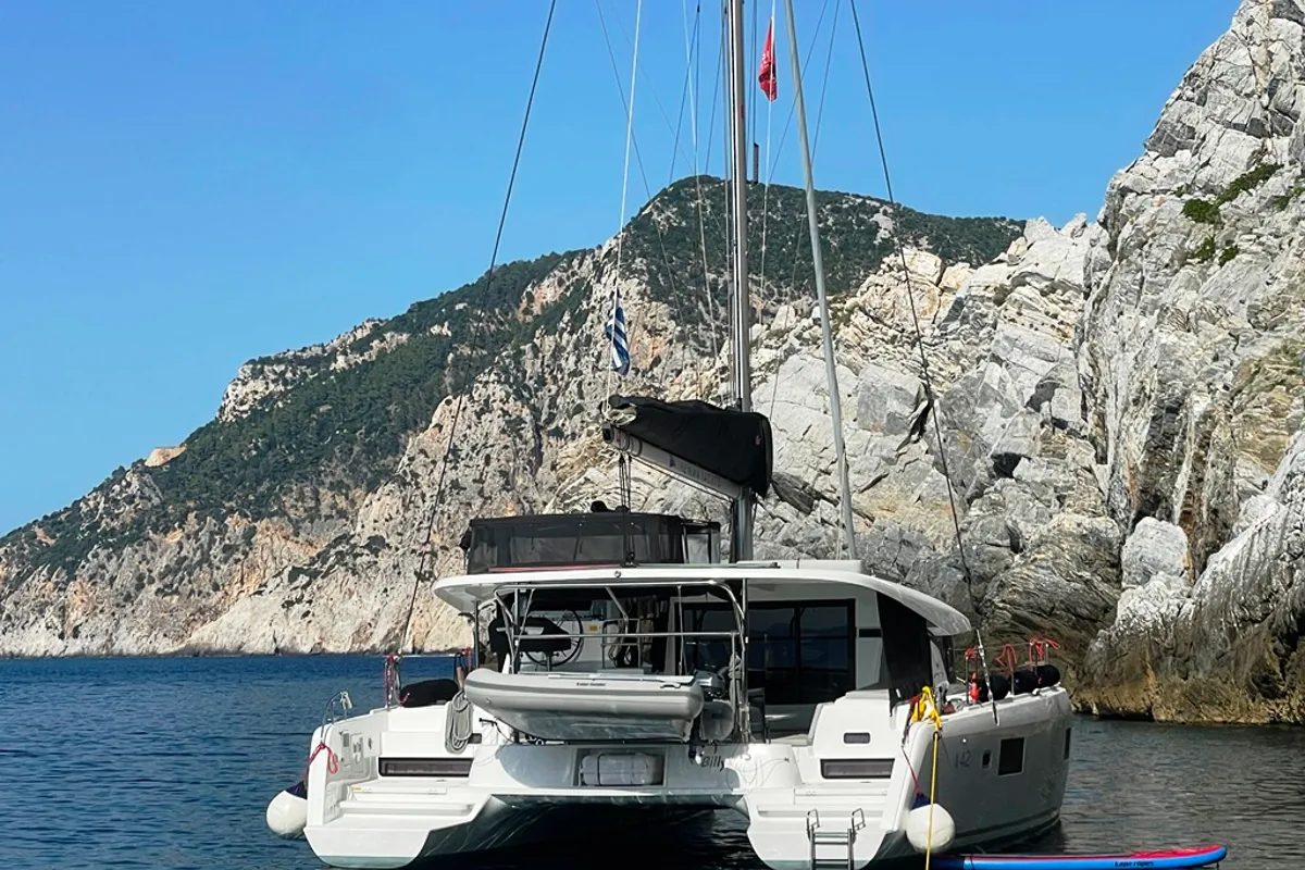 Exterior view of Billy M, a Lagoon 42 catamaran at Lavreotiki Municipal Unit, Greece