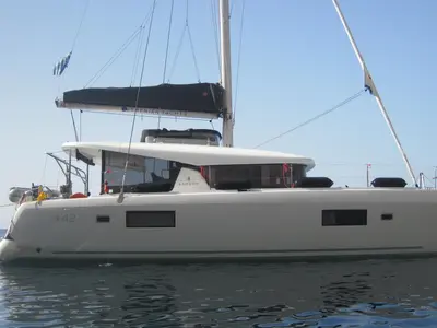 Exterior view of Billy M, a Lagoon 42 catamaran at Lavreotiki Municipal Unit, Greece