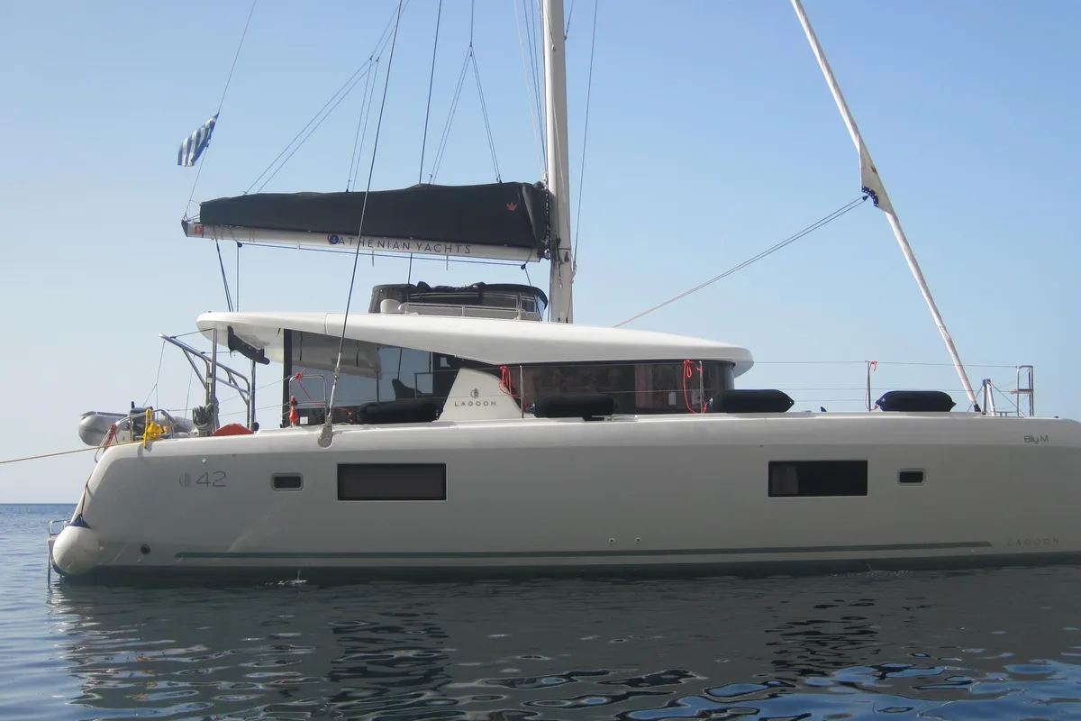 Exterior view of Billy M, a Lagoon 42 catamaran at Lavreotiki Municipal Unit, Greece