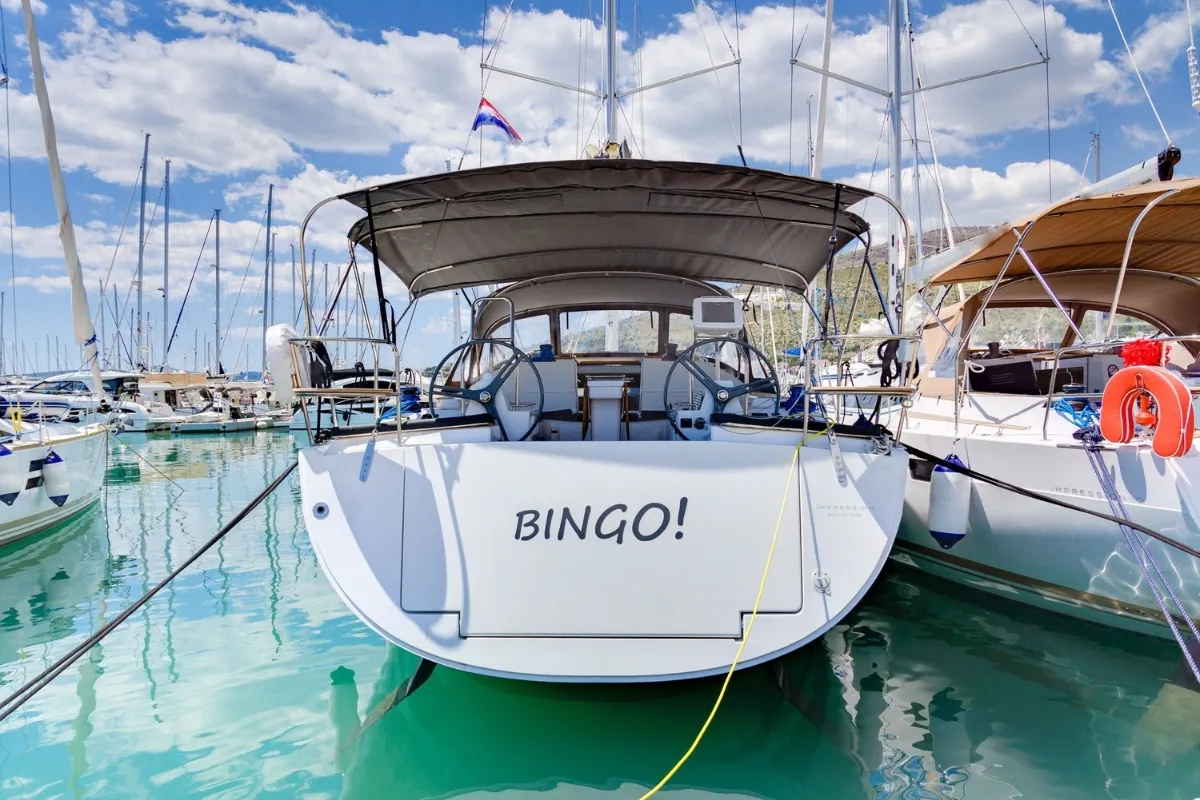 Exterior view of Bingo, a Elan Impression 50 sailboat at Grad Biograd na Moru, Croatia