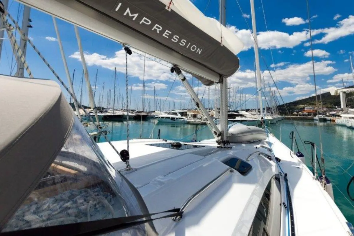 Deck of Bingo, a Elan Impression 50 sailboat at Grad Biograd na Moru, Croatia