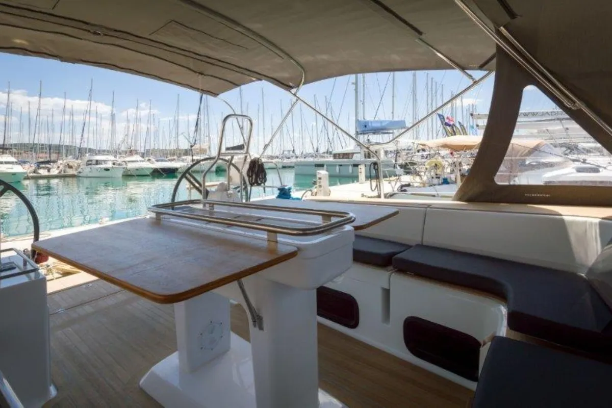 Deck of Bingo, a Elan Impression 50 sailboat at Grad Biograd na Moru, Croatia