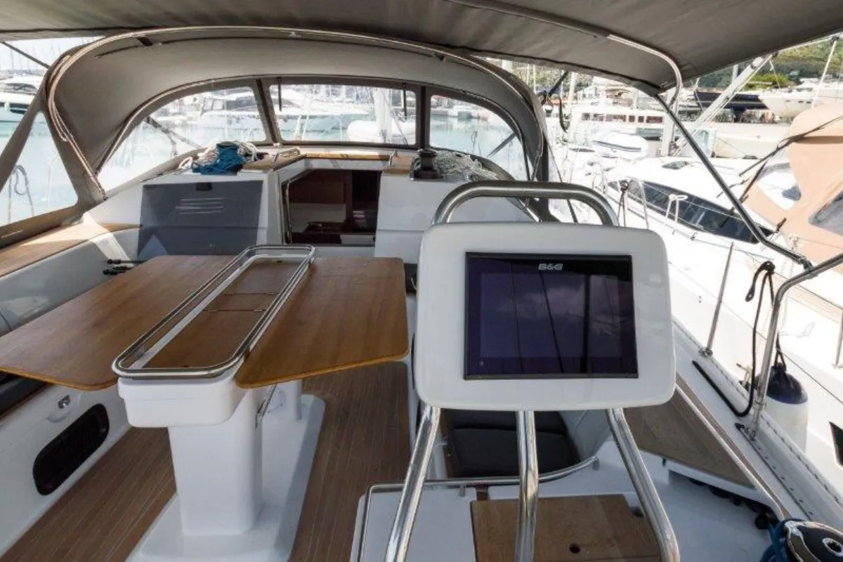 Cockpit of Bingo, a Elan Impression 50 sailboat at Grad Biograd na Moru, Croatia