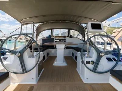Cockpit of Bingo, a Elan Impression 50 sailboat at Grad Biograd na Moru, Croatia