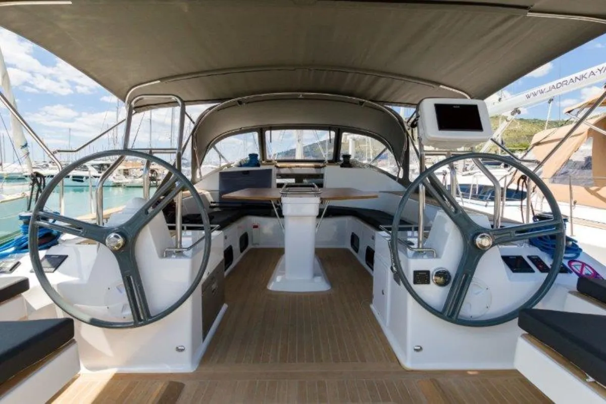 Cockpit of Bingo, a Elan Impression 50 sailboat at Grad Biograd na Moru, Croatia
