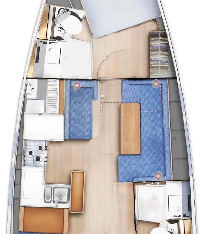 Floor plan of Thalassa, a Jeanneau Sun Odyssey 410 sailboat at Municipal Unit of Lefkada, Greece