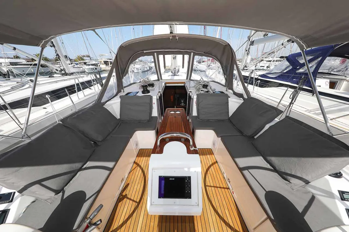 Cockpit of RUMBA, a Bavaria C42 sailboat at Grad Biograd na Moru, Croatia