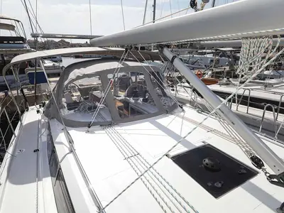 Deck of RUMBA, a Bavaria C42 sailboat at Grad Biograd na Moru, Croatia