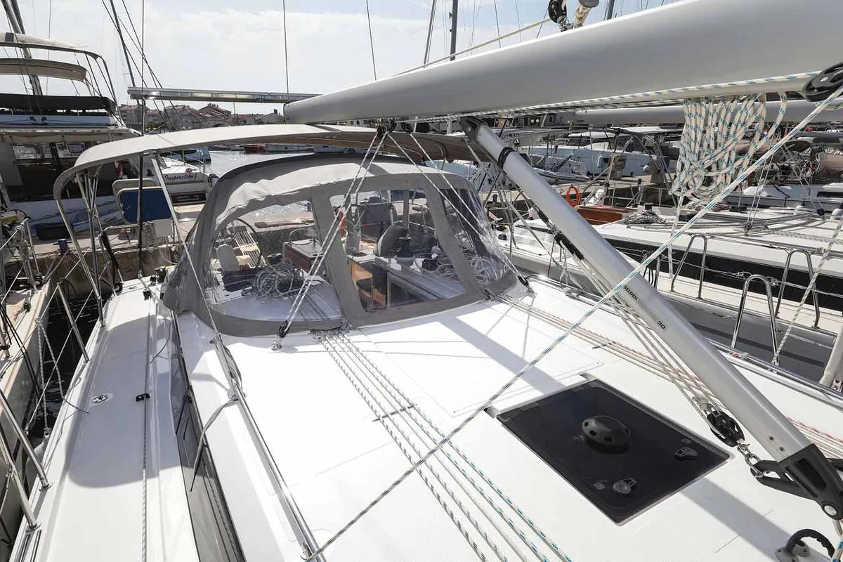 Deck of RUMBA, a Bavaria C42 sailboat at Grad Biograd na Moru, Croatia