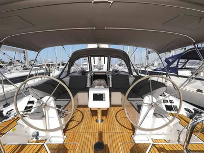 Cockpit of RUMBA, a Bavaria C42 sailboat at Grad Biograd na Moru, Croatia