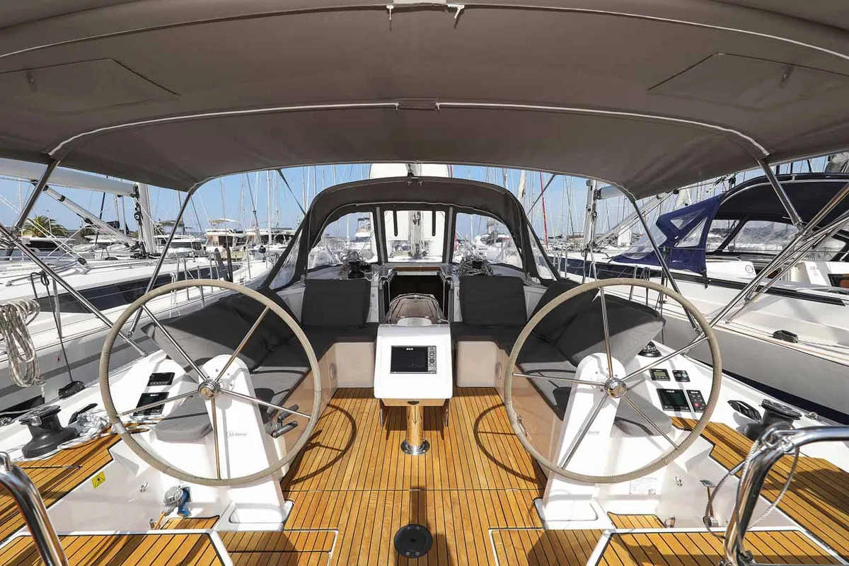Cockpit of RUMBA, a Bavaria C42 sailboat at Grad Biograd na Moru, Croatia
