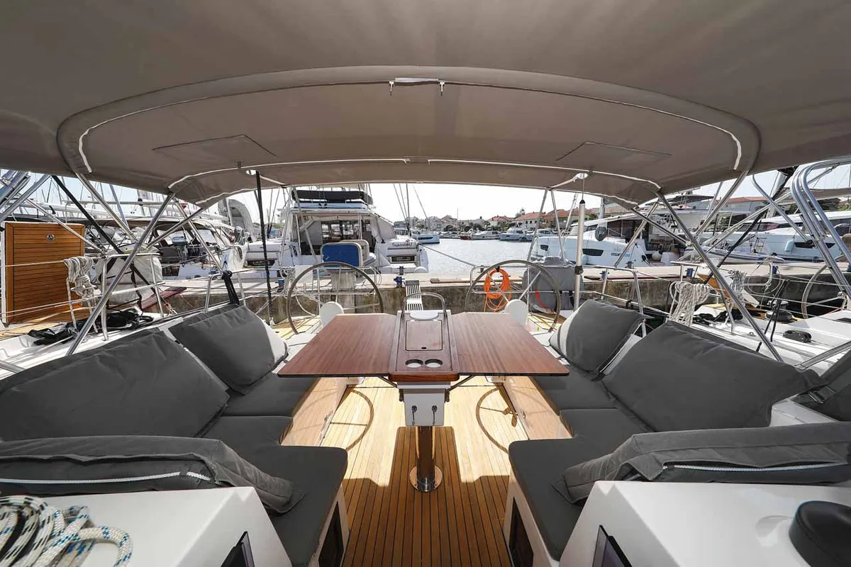 Deck of RUMBA, a Bavaria C42 sailboat at Grad Biograd na Moru, Croatia