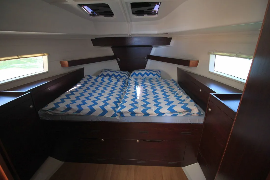 Cabin on Sabina, a Delphia Yachts Platinum 989 Fly motor yacht at Kukljica, Croatia