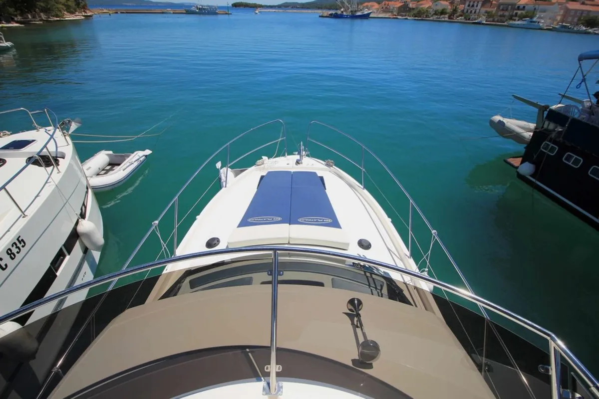 Deck of Sabina, a Delphia Yachts Platinum 989 Fly motor yacht at Kukljica, Croatia