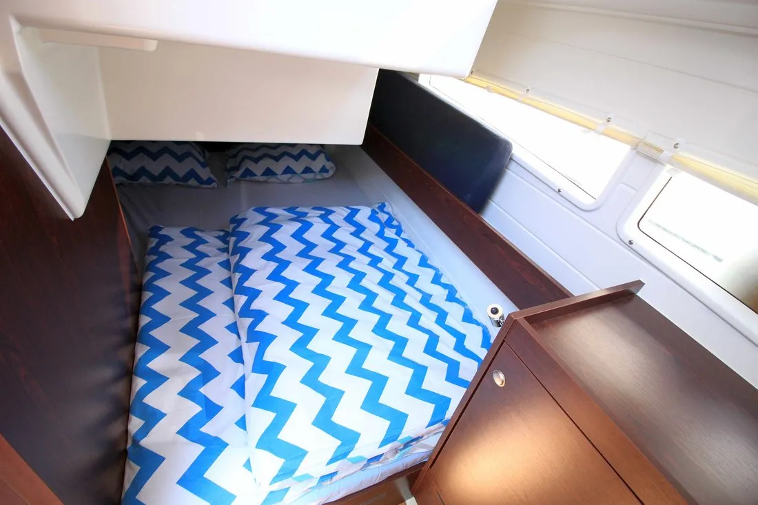 Cabin on Sabina, a Delphia Yachts Platinum 989 Fly motor yacht at Kukljica, Croatia
