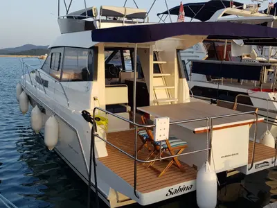 Deck of Sabina, a Delphia Yachts Platinum 989 Fly motor yacht at Kukljica, Croatia