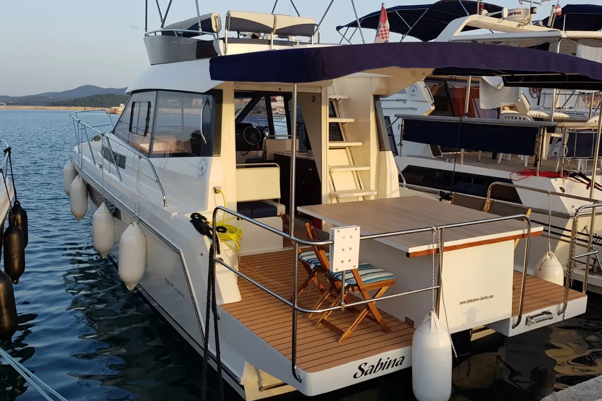 Deck of Sabina, a Delphia Yachts Platinum 989 Fly motor yacht at Kukljica, Croatia