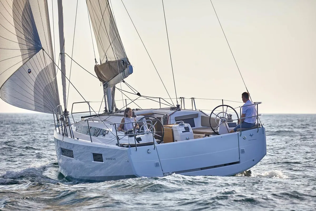 Exterior view of Under Pressure, a Jeanneau Sun Odyssey 410 sailboat at Portoferraio, Italy