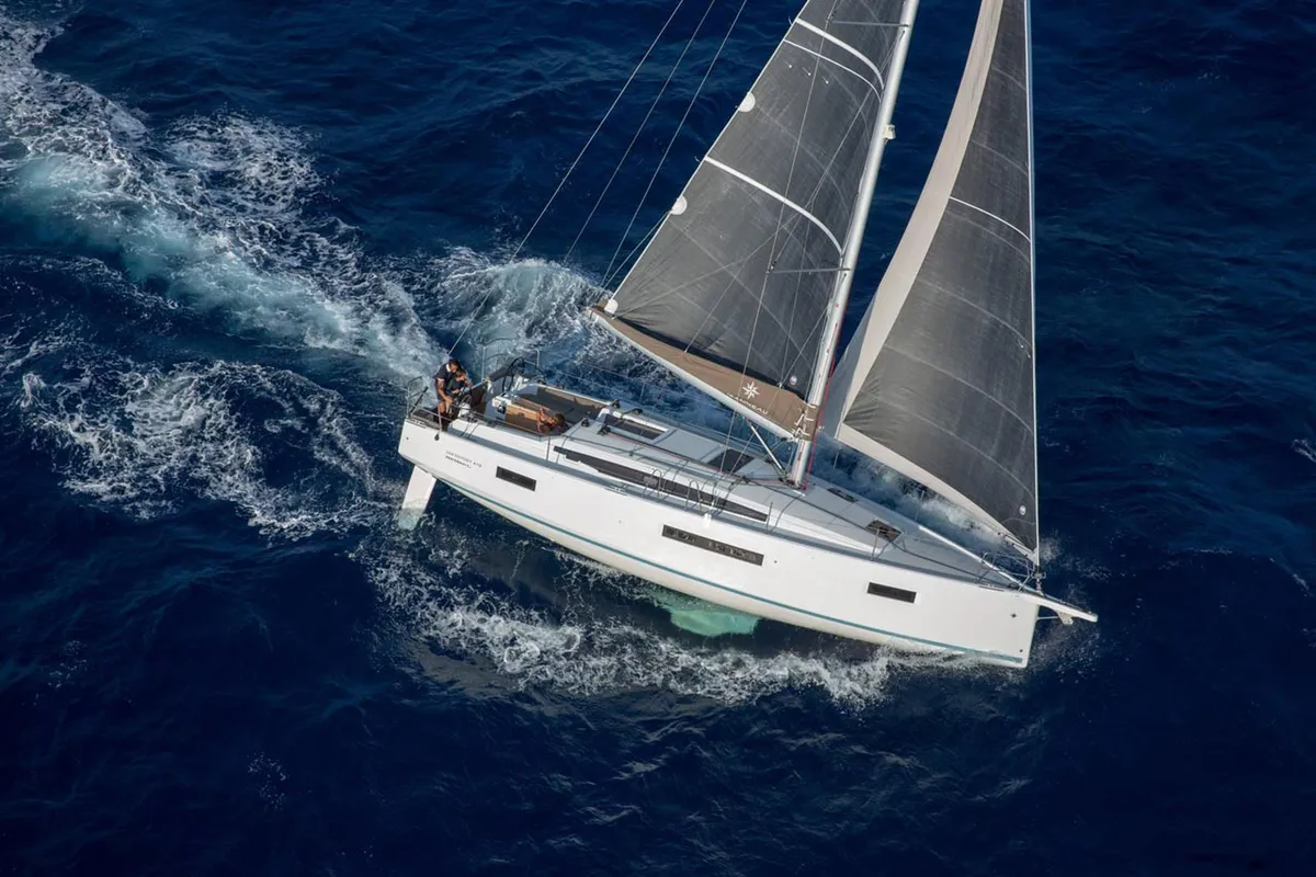 Exterior view of Under Pressure, a Jeanneau Sun Odyssey 410 sailboat at Portoferraio, Italy