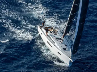 Exterior view of Under Pressure, a Jeanneau Sun Odyssey 410 sailboat at Portoferraio, Italy