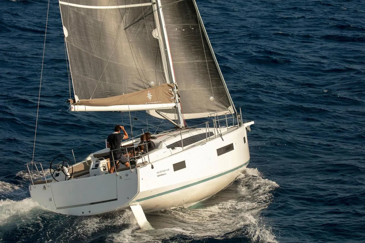 Exterior view of Under Pressure, a Jeanneau Sun Odyssey 410 sailboat at Portoferraio, Italy
