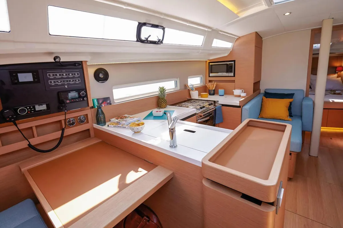 Galley of Under Pressure, a Jeanneau Sun Odyssey 410 sailboat at Portoferraio, Italy