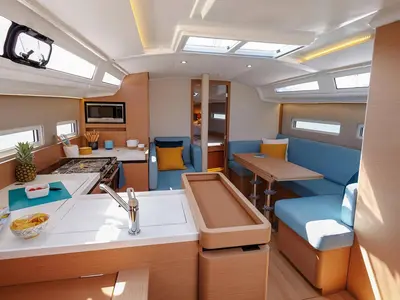 Galley of Under Pressure, a Jeanneau Sun Odyssey 410 sailboat at Portoferraio, Italy