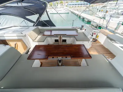 Cockpit of Blue Beyond, a Bavaria C57 Holiday sailboat at Kaštela, Croatia