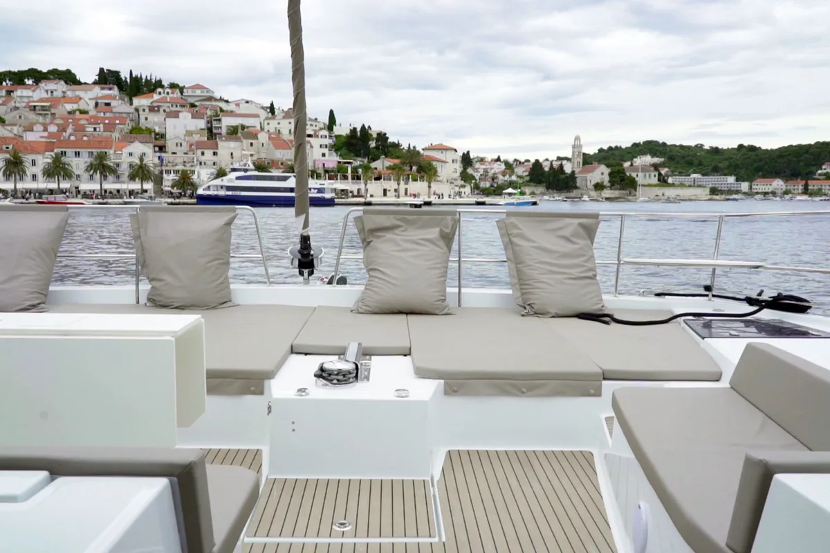 Deck of Namaste Of Bali, a Bali 5.4 catamaran at Grad Kaštela, Croatia