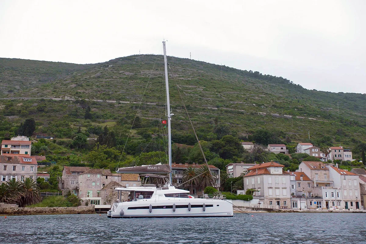 Deck of Namaste Of Bali, a Bali 5.4 catamaran at Grad Kaštela, Croatia