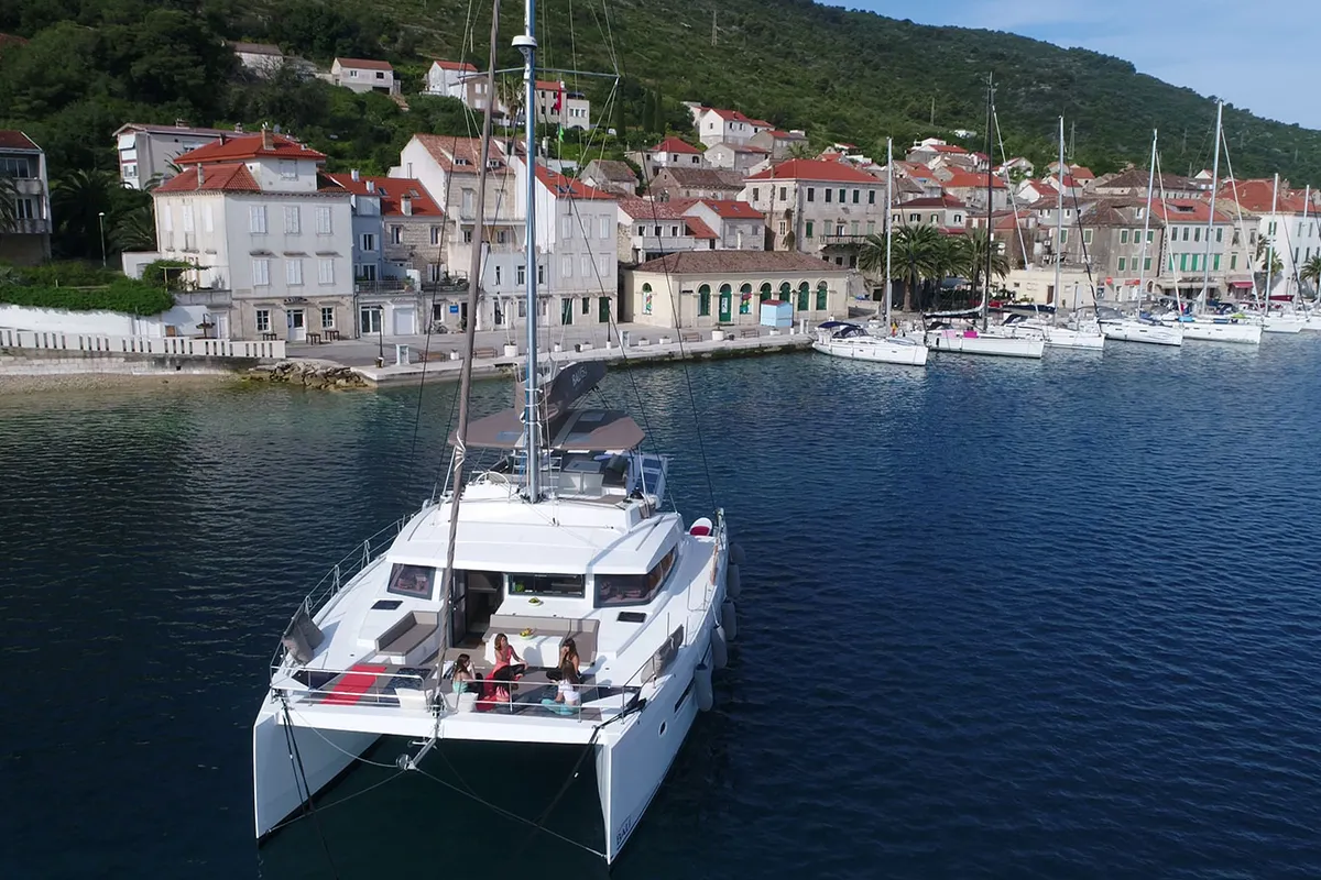 Exterior view of Namaste Of Bali, a Bali 5.4 catamaran at Grad Kaštela, Croatia