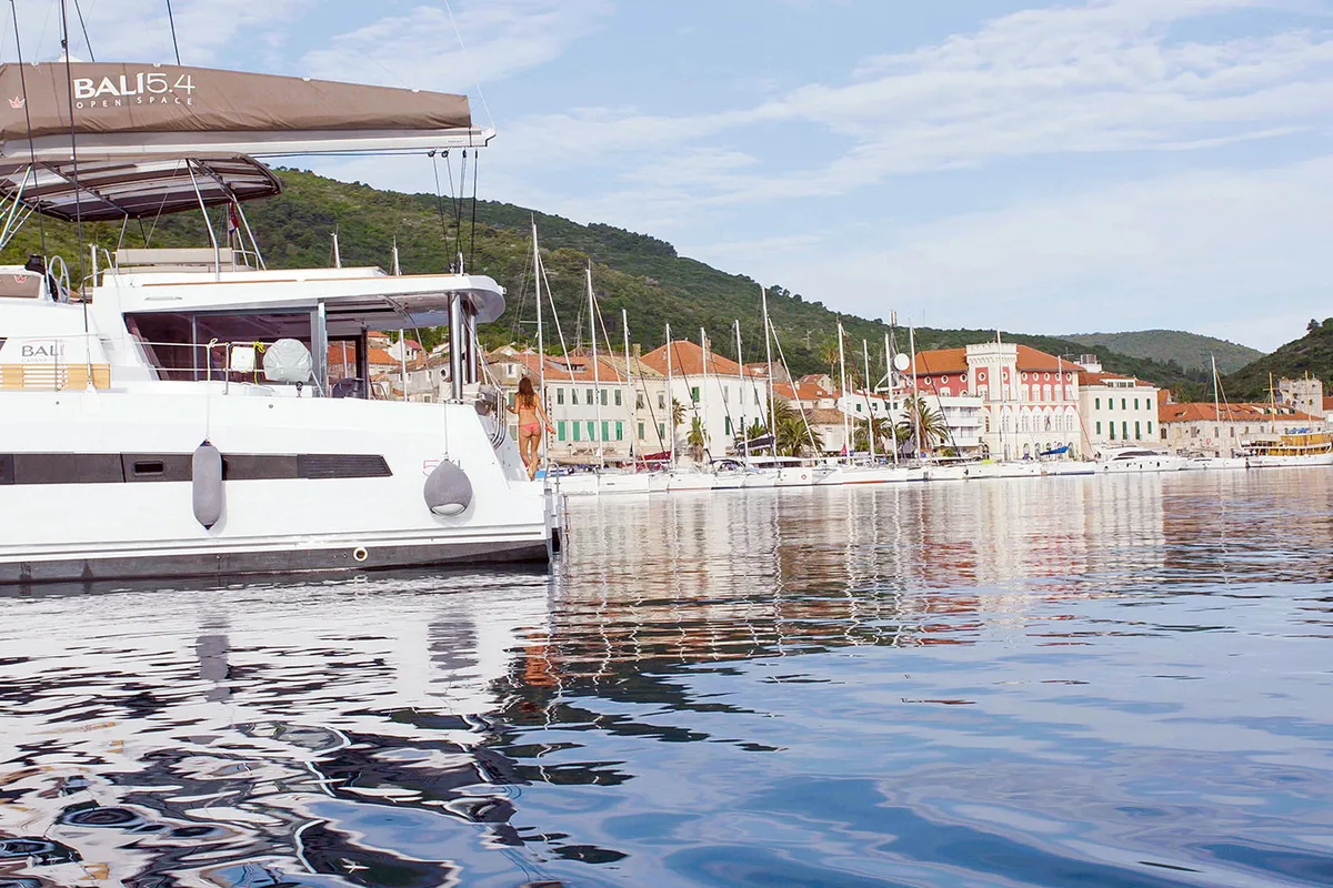 Exterior view of Namaste Of Bali, a Bali 5.4 catamaran at Grad Kaštela, Croatia
