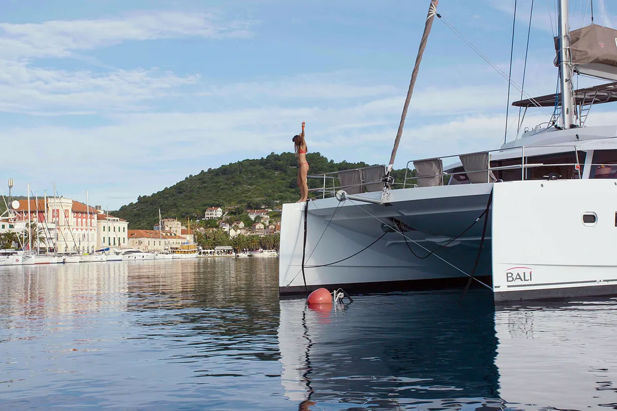 Deck of Namaste Of Bali, a Bali 5.4 catamaran at Grad Kaštela, Croatia