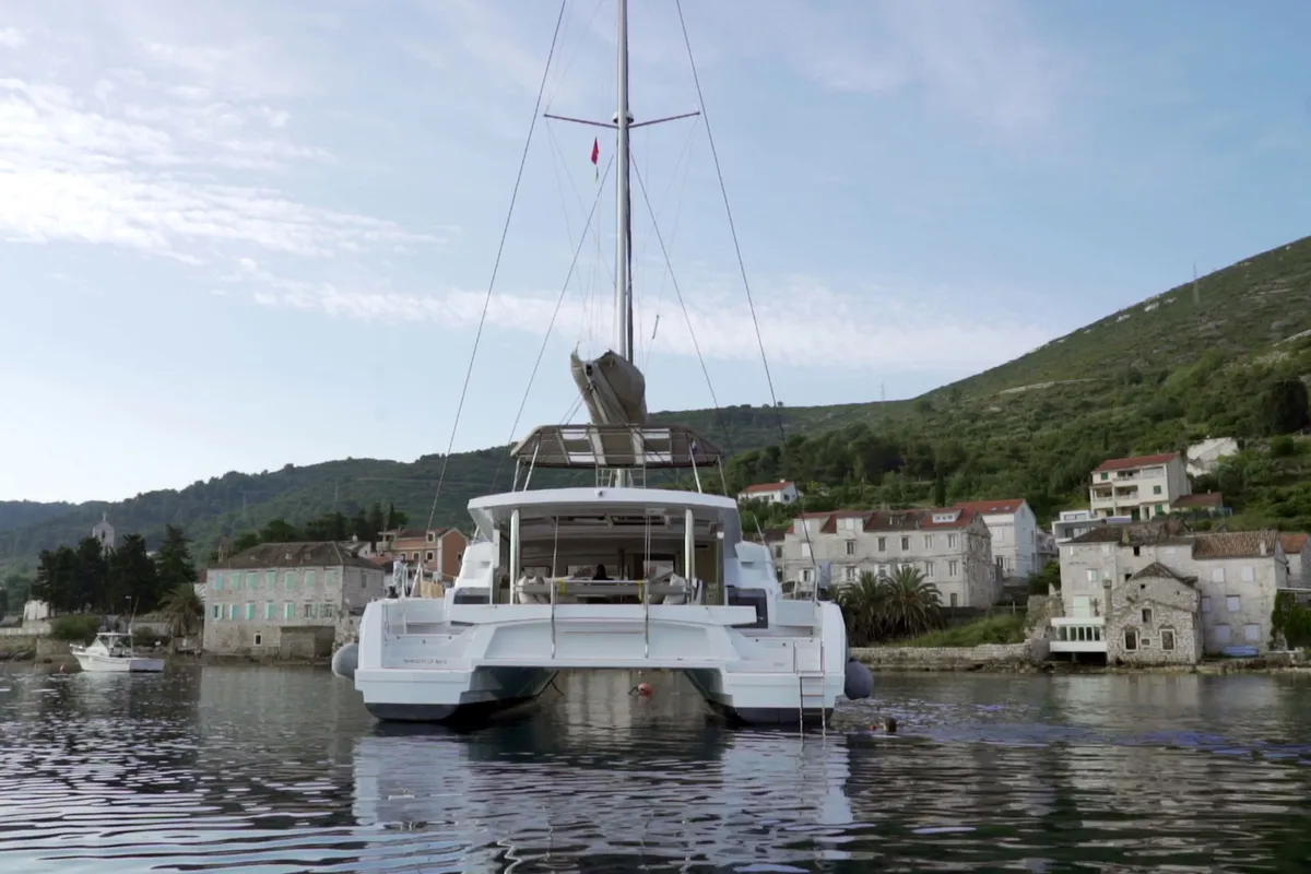 Exterior view of Namaste Of Bali, a Bali 5.4 catamaran at Grad Kaštela, Croatia