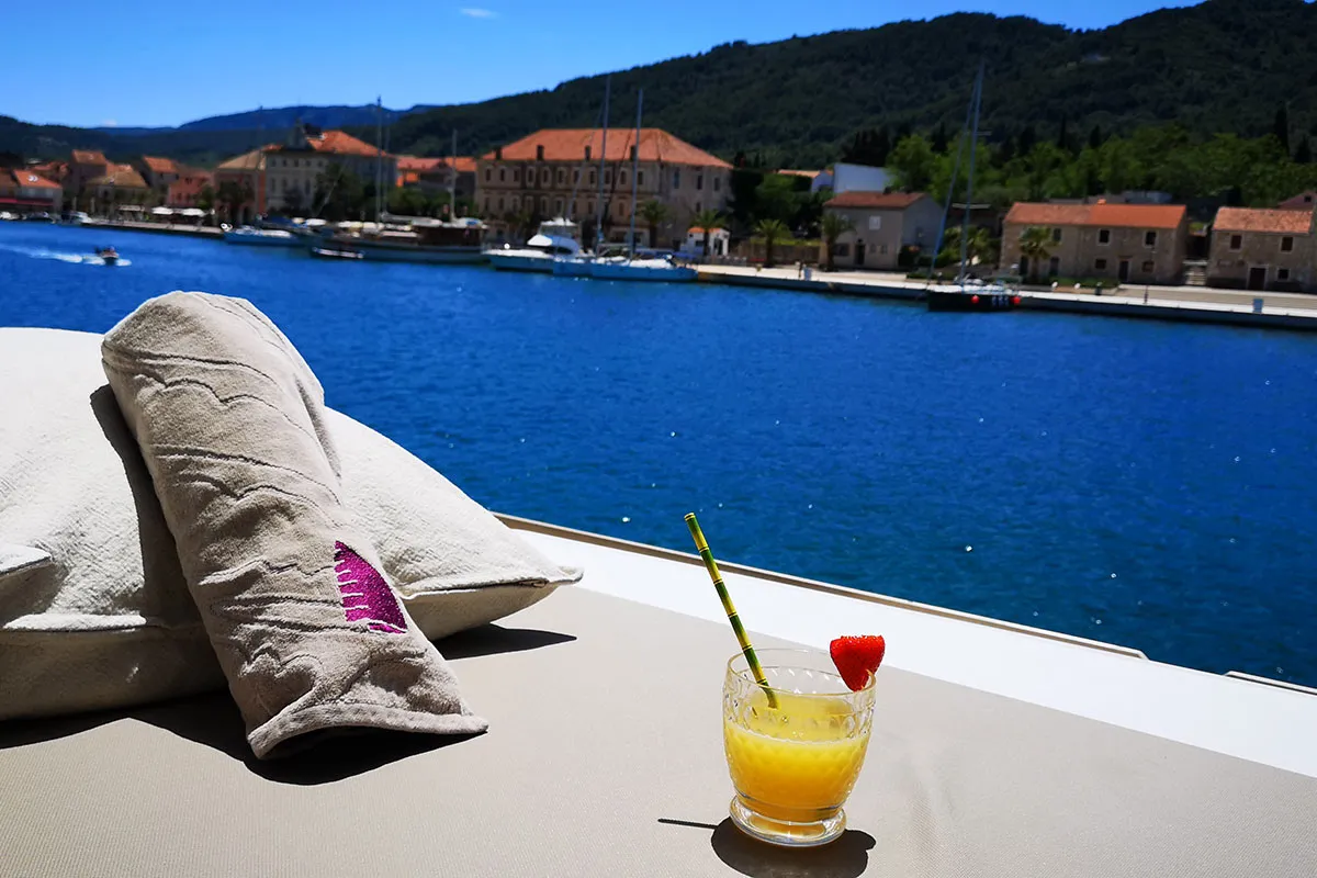 Deck of Namaste Of Bali, a Bali 5.4 catamaran at Grad Kaštela, Croatia