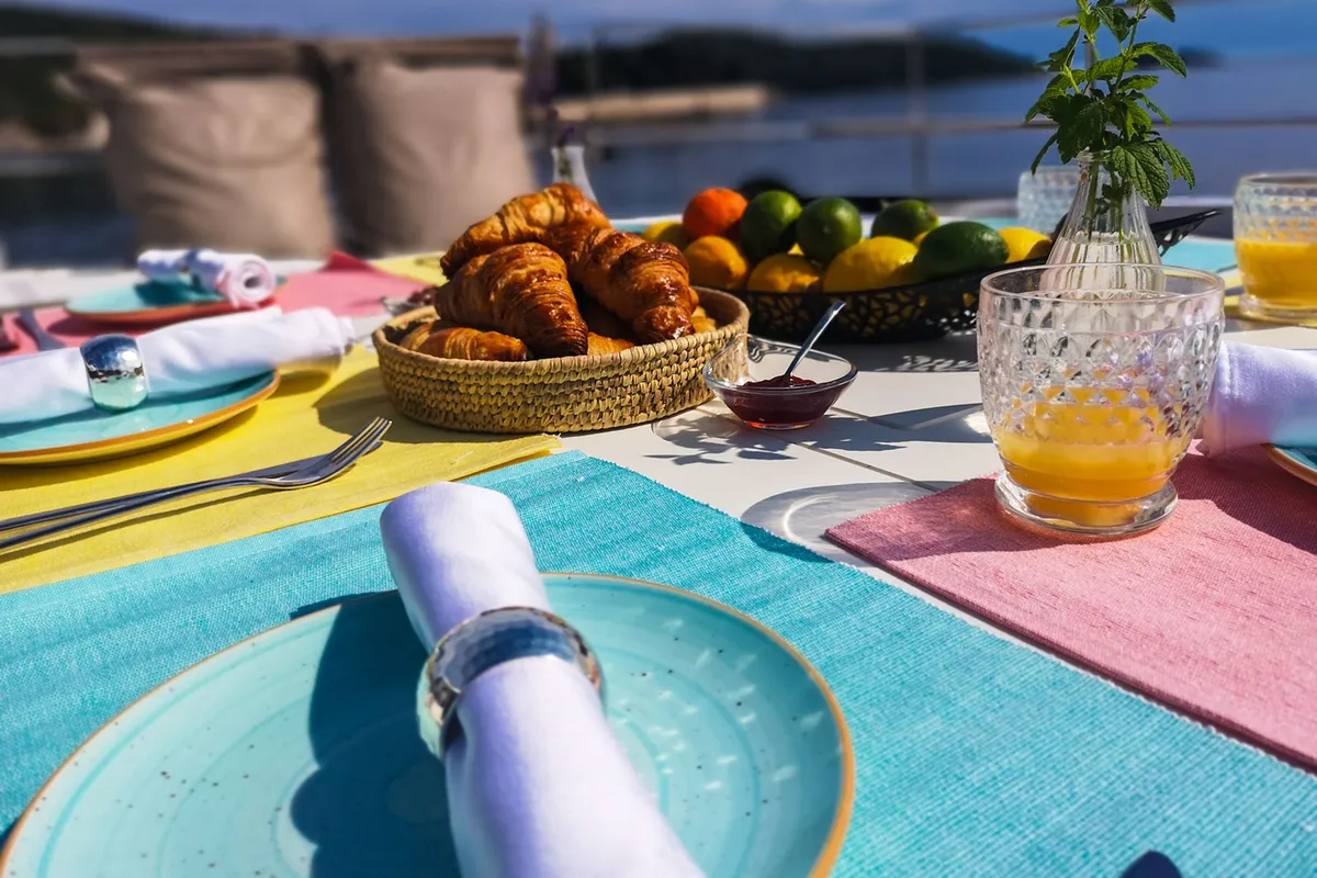 Deck of Namaste Of Bali, a Bali 5.4 catamaran at Grad Kaštela, Croatia