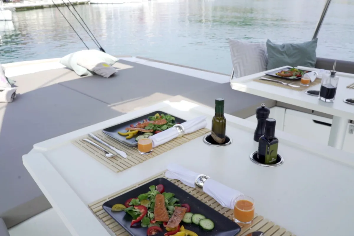 Deck of Namaste Of Bali, a Bali 5.4 catamaran at Grad Kaštela, Croatia