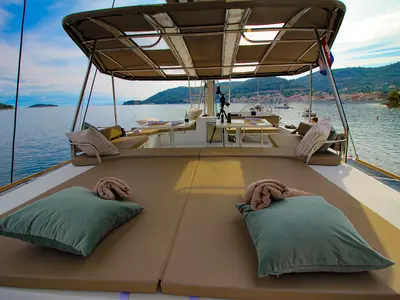 Deck of Namaste Of Bali, a Bali 5.4 catamaran at Grad Kaštela, Croatia