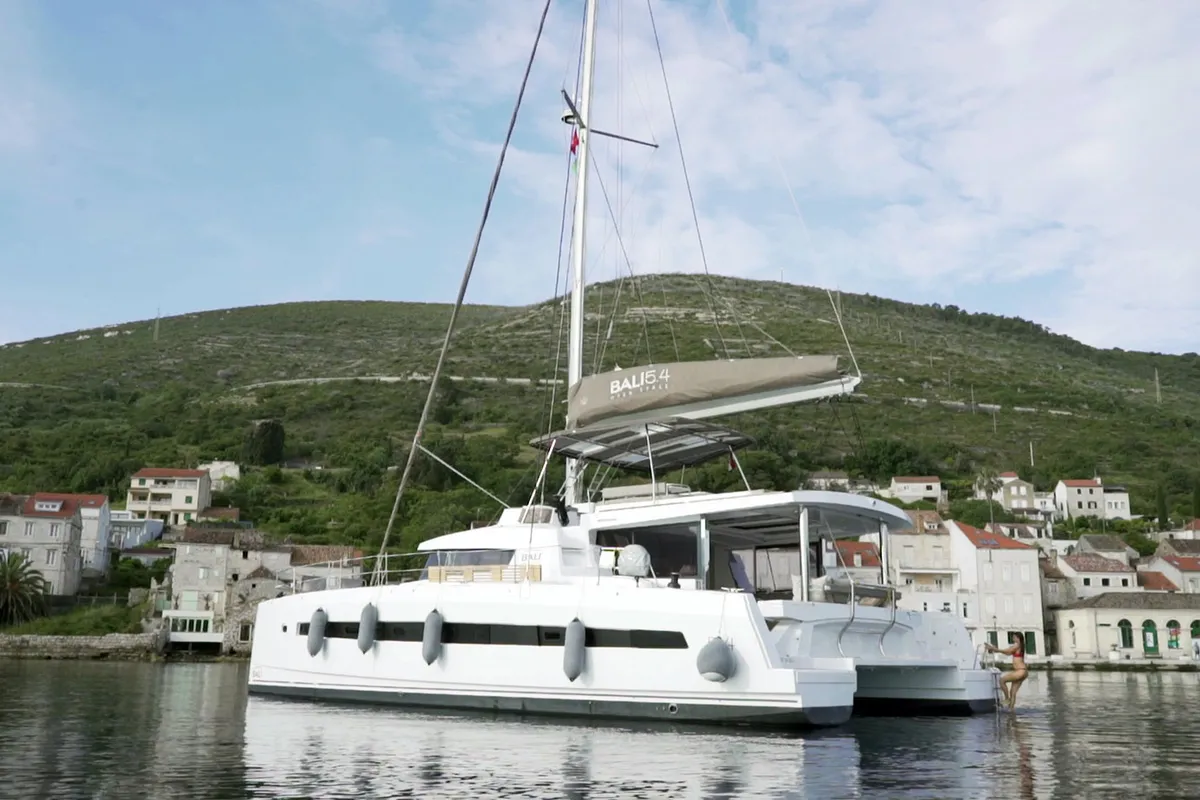 Exterior view of Namaste Of Bali, a Bali 5.4 catamaran at Grad Kaštela, Croatia