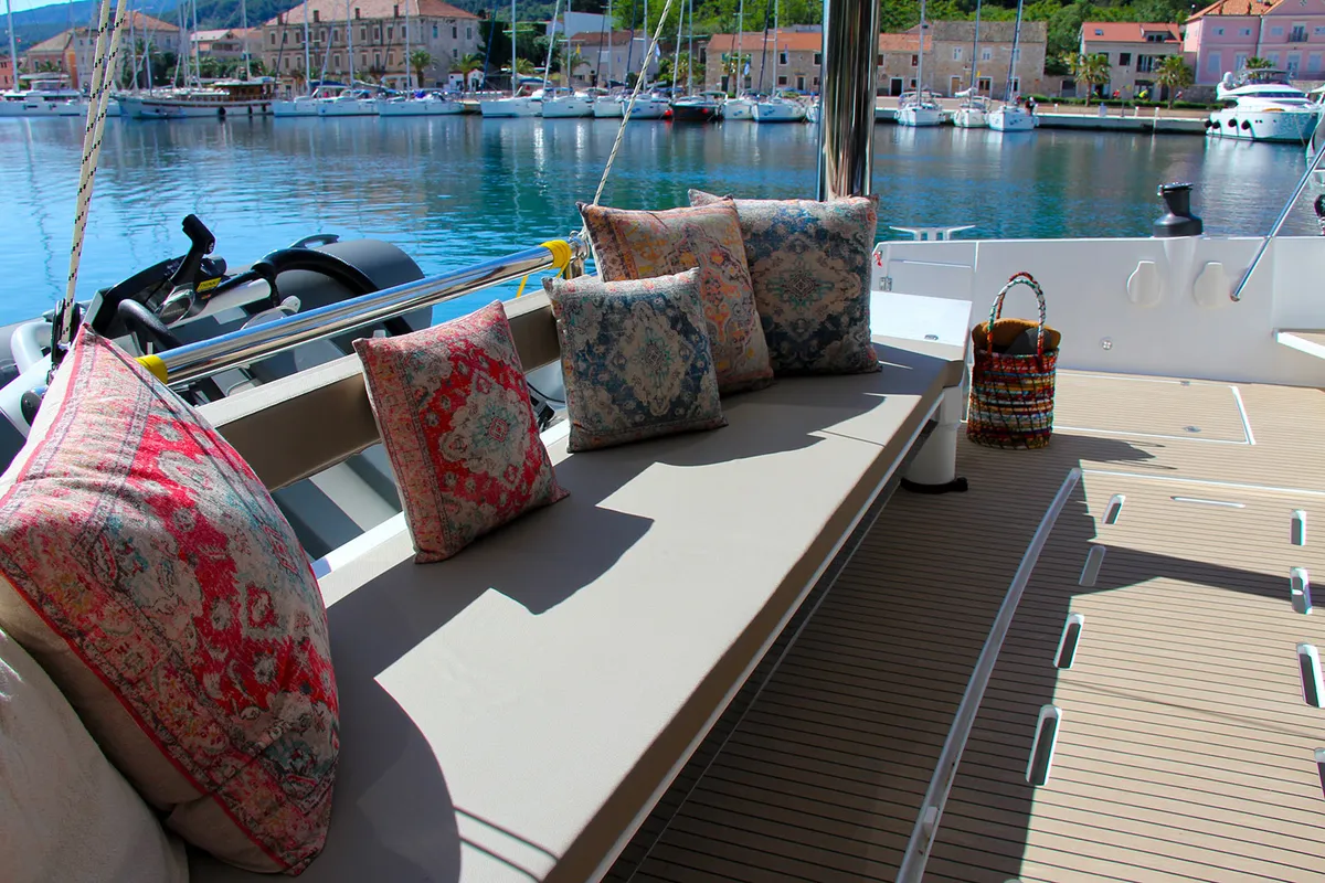 Deck of Namaste Of Bali, a Bali 5.4 catamaran at Grad Kaštela, Croatia
