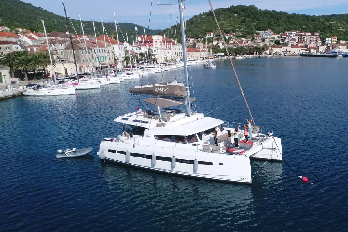 Exterior view of Namaste Of Bali, a Bali 5.4 catamaran at Grad Kaštela, Croatia