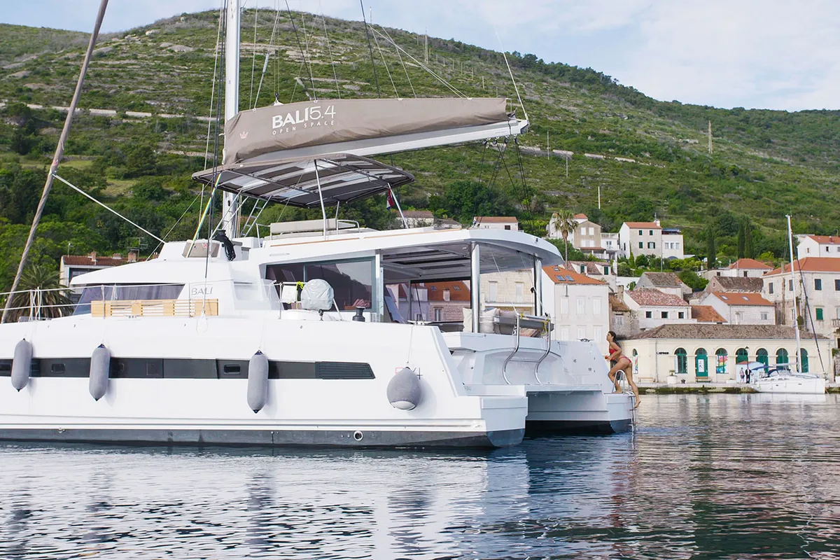 Exterior view of Namaste Of Bali, a Bali 5.4 catamaran at Grad Kaštela, Croatia