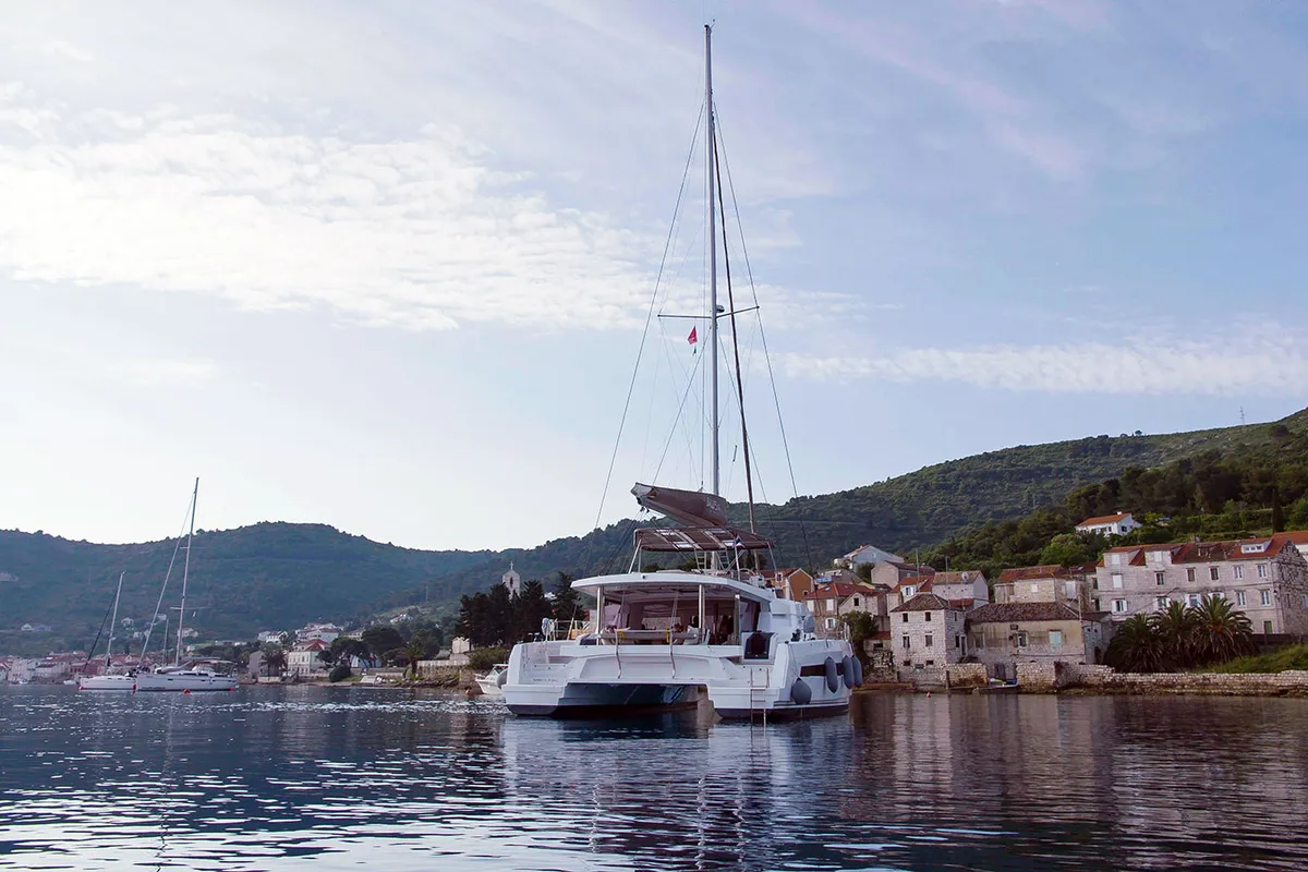 Exterior view of Namaste Of Bali, a Bali 5.4 catamaran at Grad Kaštela, Croatia
