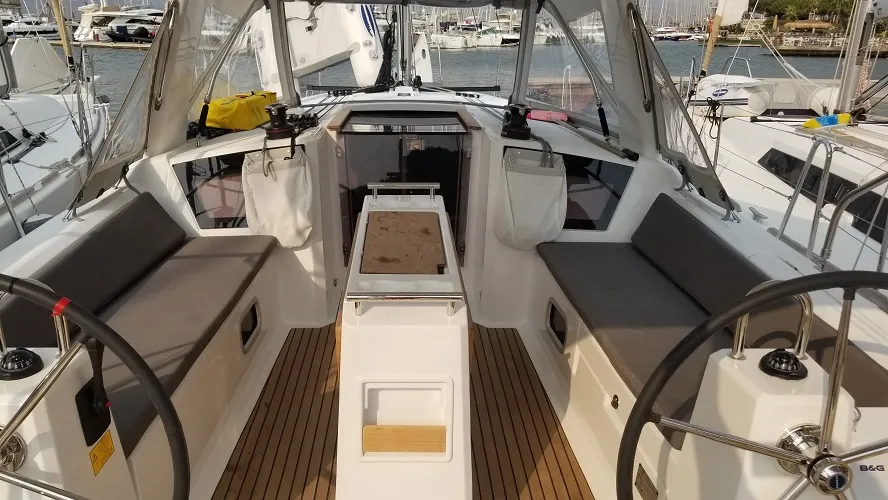 Deck of Rosa Bella, a Beneteau Oceanis 38.1 sailboat at Fethiye, Turkey