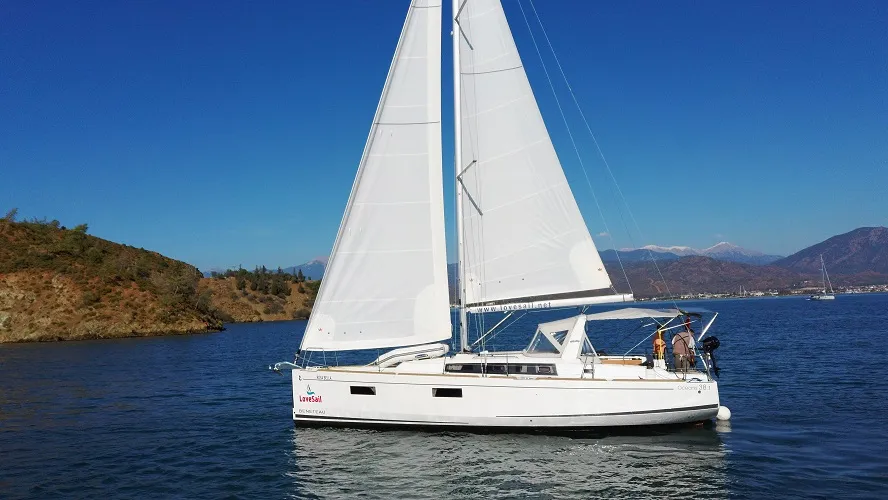 Head on Rosa Bella, a Beneteau Oceanis 38.1 sailboat at Fethiye, Turkey