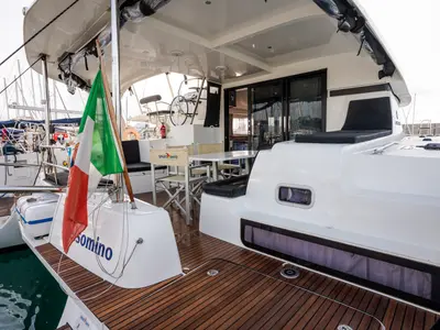 Deck of Gelsomino, a Lagoon 42 catamaran at Rosignano Solvay, Italy