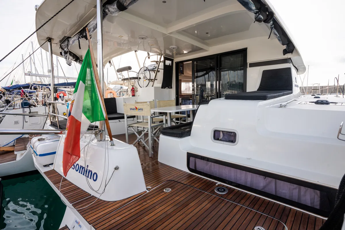 Deck of Gelsomino, a Lagoon 42 catamaran at Rosignano Solvay, Italy