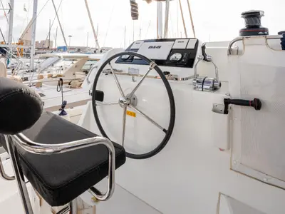 Cockpit of Gelsomino, a Lagoon 42 catamaran at Rosignano Solvay, Italy