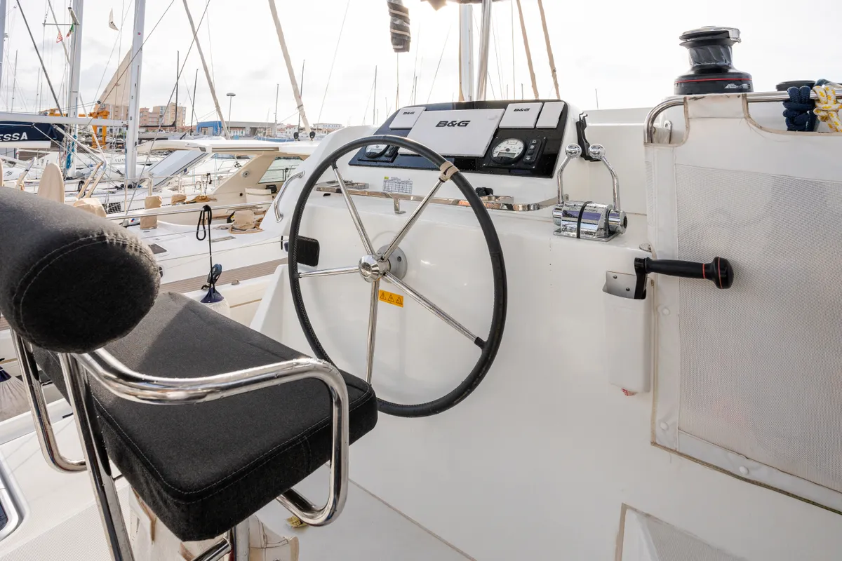 Cockpit of Gelsomino, a Lagoon 42 catamaran at Rosignano Solvay, Italy