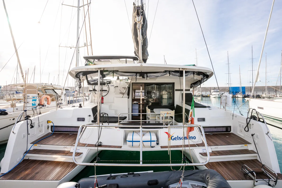 Exterior view of Gelsomino, a Lagoon 42 catamaran at Rosignano Solvay, Italy